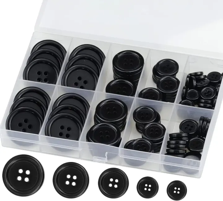 100-Pack Black Round Resin 4-Hole Sewing Buttons — 5 Sizes
