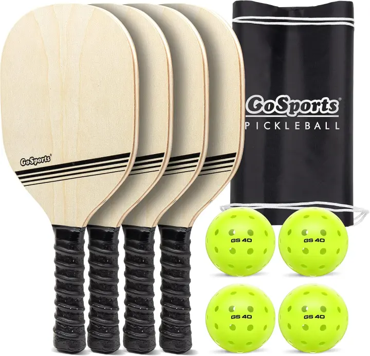 GoSports Pickleball Set — 4 Wooden Paddles, 4 Balls & Carry Bag
